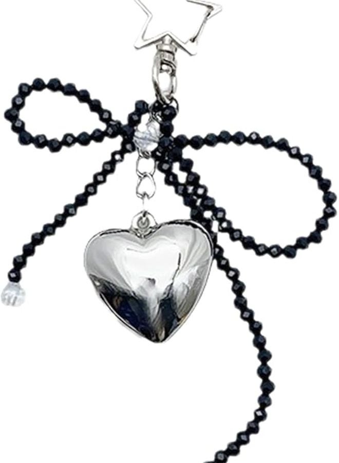 Black Cute Love Heart Phone Chain with Beaded Bowknot Dainty Hanging Decoration - Image 1